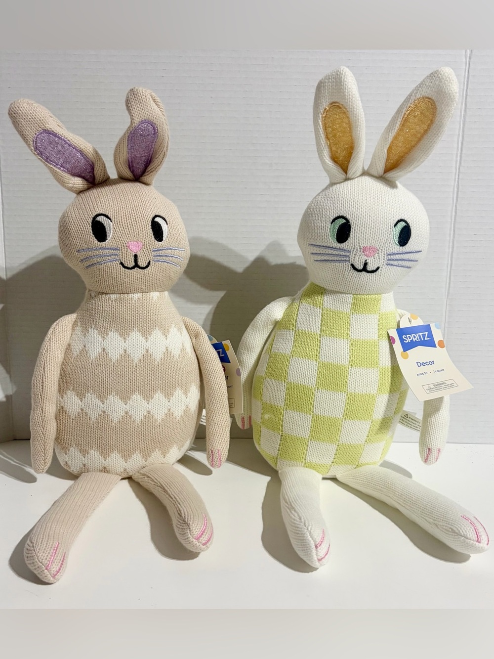 Set 2 Easter Bunny Rabbit Shelf Sitter Knit White Green Tan Spritz Target NEW